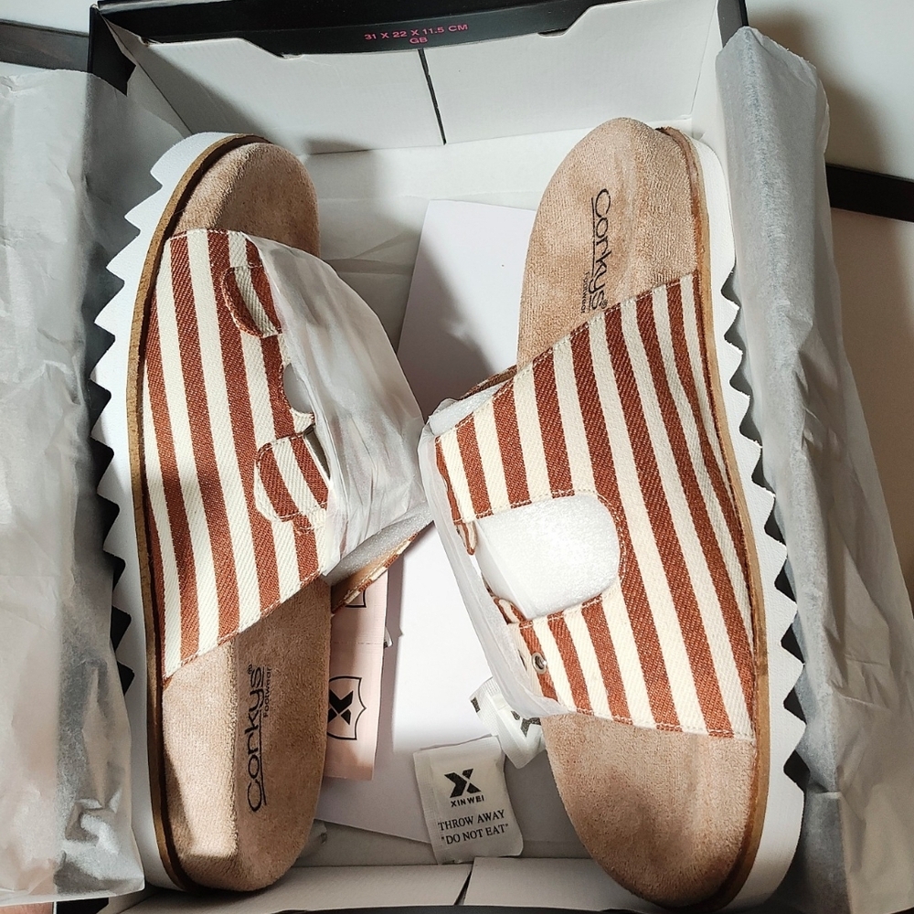 Corkys Women's Brown and White Striped Slide Sandals